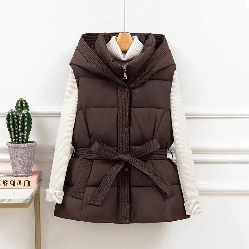 Women's Quilted Puffer Vest Thicken Warm Winter Hooded Coat Solid Color Sleeveless Padded Outwear Cropped Button Zip Up Coat