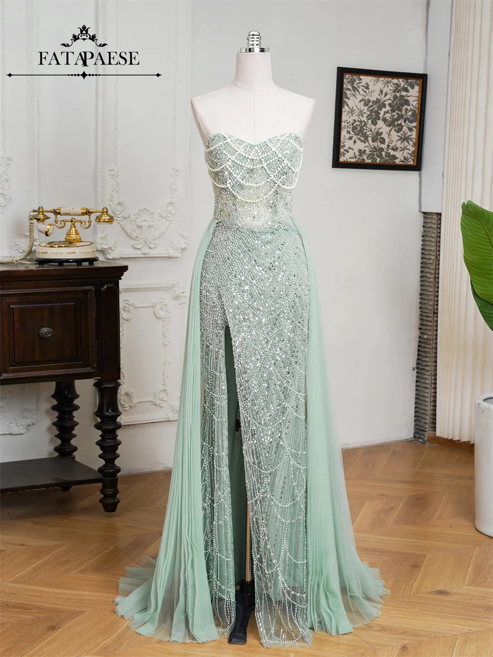 FATAPAESE Glamour Sequin Pearls Luxury Evening Dresses Sexy Tulle Train Party Dress for Wedding Charity Prom Award Ceremony