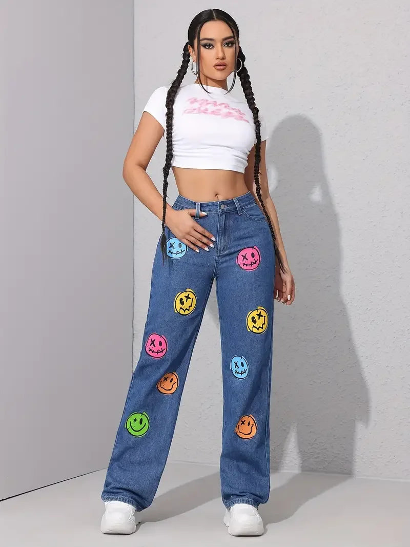 Women Smile Face Print Stretch Jeans Fashion Skinny Bottom High Waist Gray Denim Pants Lady Classic Y2K Punk Long Trousers