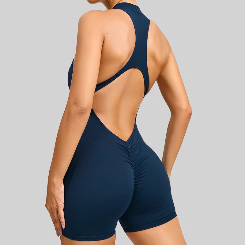 Back V Scrunch Jumpsuits Gym Short One-Piece Suit Yoga Set Push Up Zipper Workout Rompers Fitness Sexy Sports Bodysuit Female
