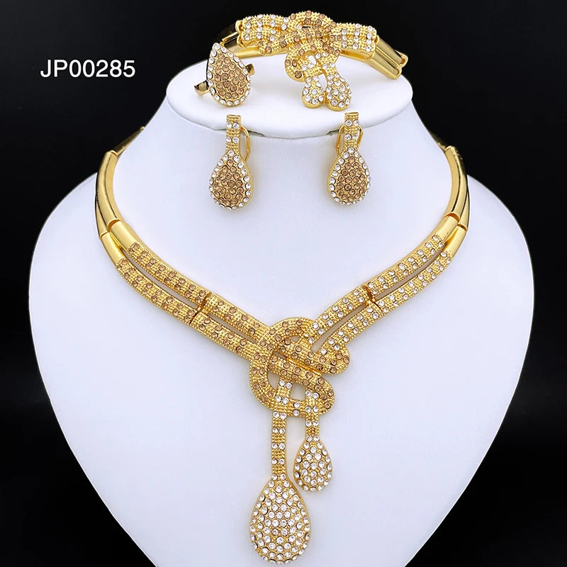 Dubai Gold Color Women Jewelry Sets Classic Design Necklace Earrings Charm Bracelet Ring Banquet Party Jewelry 18K Gold Plated
