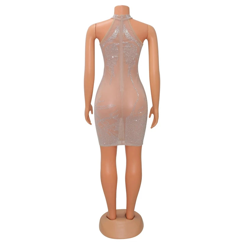 Sexy Party Dress for Women Mesh Sheer See Through Party Club Night Mini Bodycon Dress Luxury Rhinestone Sparkly Birthday Dress