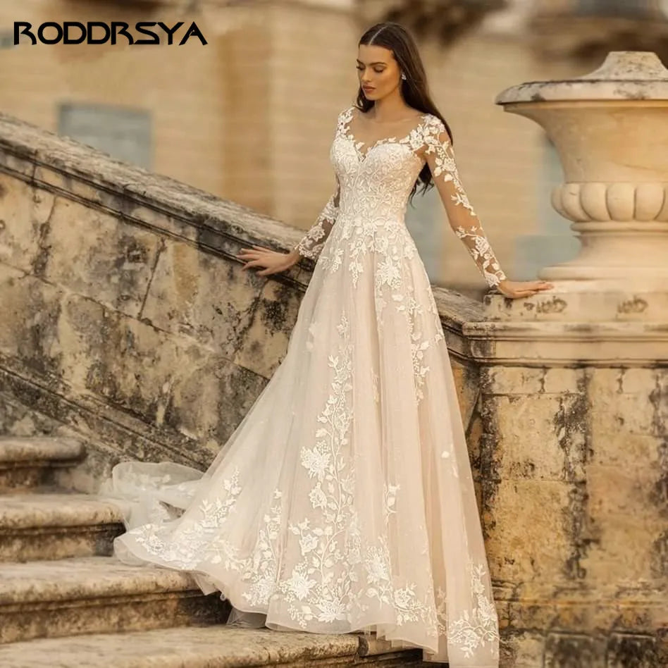 RODDRSYA Elegant O-Neck Wedding Dress Lace Up A-Line Applique Tulle Long Sleeves Beach Bride Gowns vestidos de novia Customized