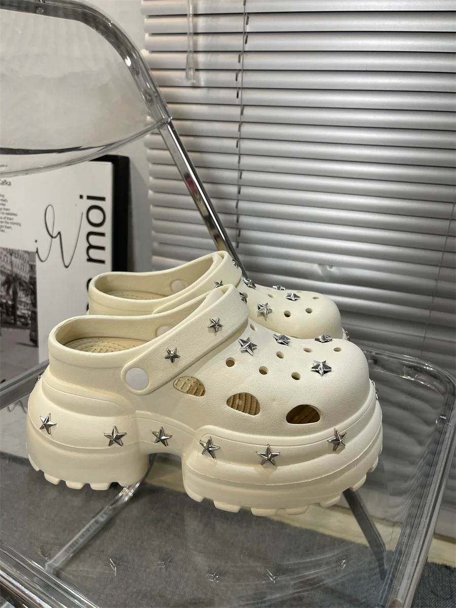 Women Summer Sandals High 10cm Heels Chunky Clogs with Star Charms Garden Shoes Waterproof Beach Pool Sandals Mules Slippers