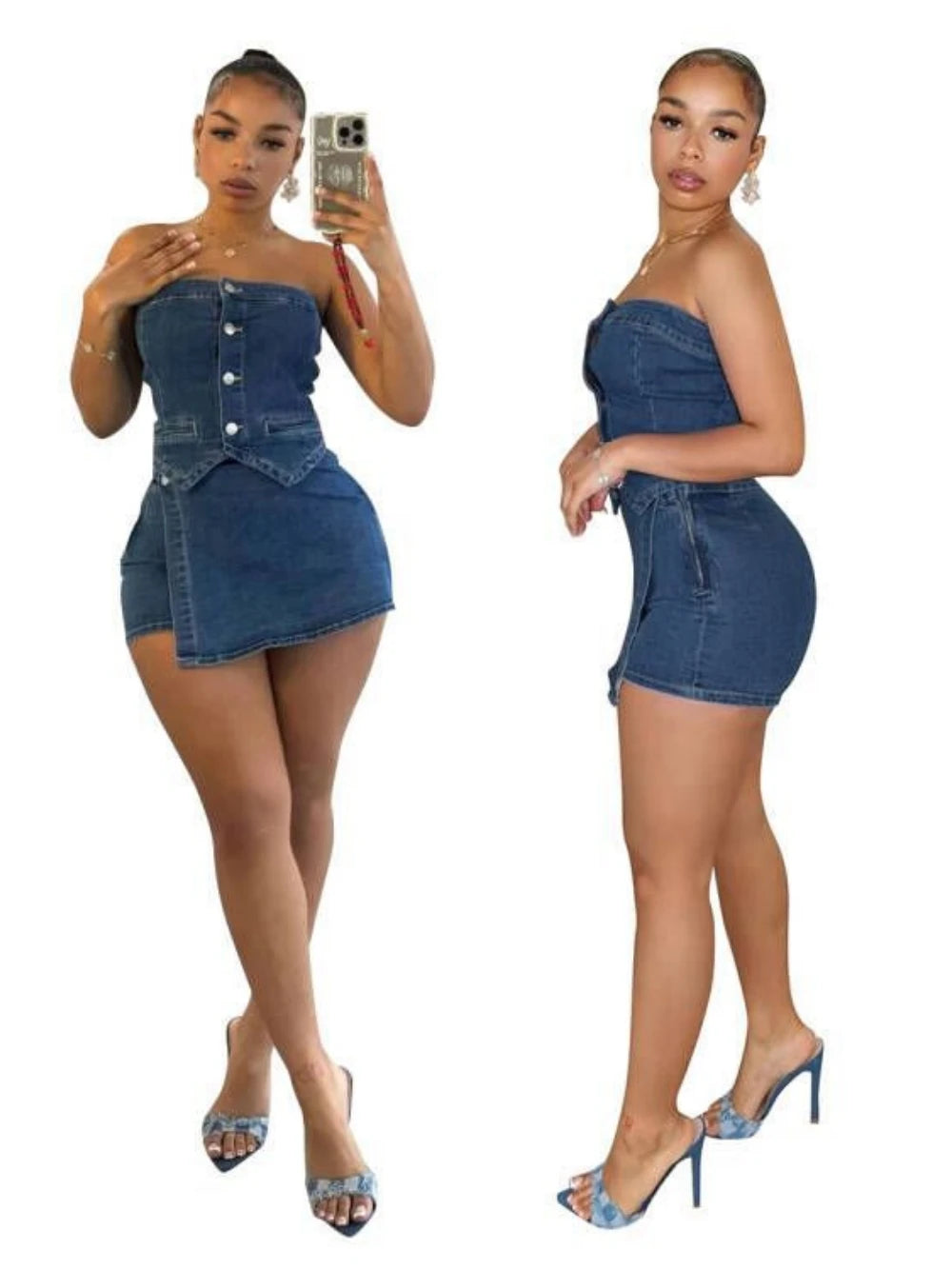 Sexy Women's Denim Suit Strapless Top And Slim-Fit Shorts Outfits Solid Color Comfortable Summer Ladies Two-Piece Set