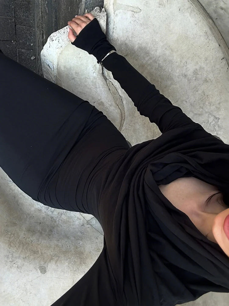 Sisterlinda Casual Hooded Long Dresses Woman Autumn Trend Swing Collar Full Sleeve Skinny High Stretch Solid Elegant Vestidos