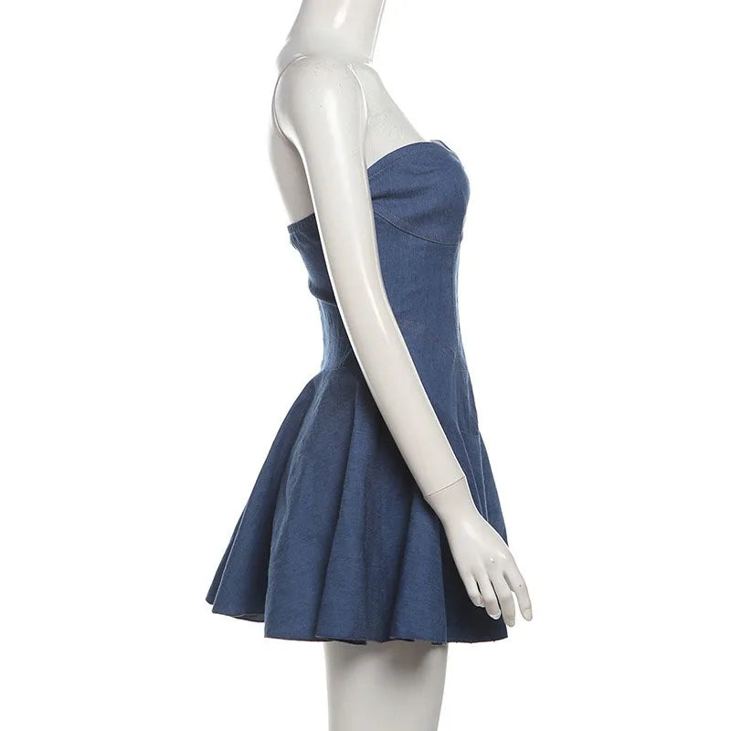 DongCMY 2026 Summer Women's New Bag Hip Sexy Mini Dress Women Solid Wrapped Chest Sleeveless Classic Imitation Denim Dress