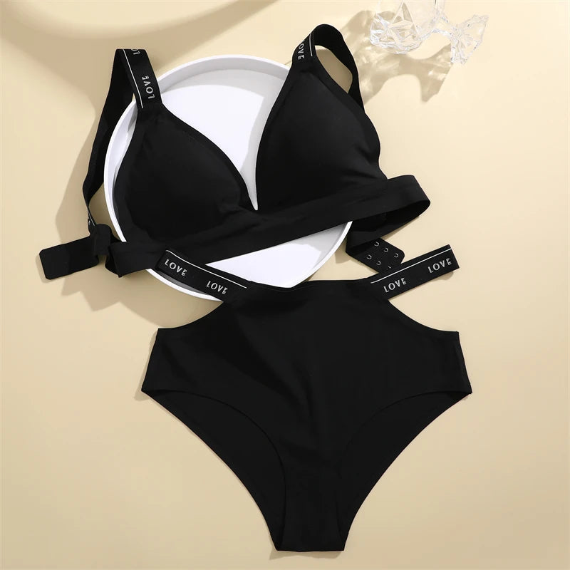 FINETOO Women Seamless Bra Set Sexy Cross Belt Brief Low Waist Panties Wireless Padded Bralette Suit Lingerie Backless Underwear