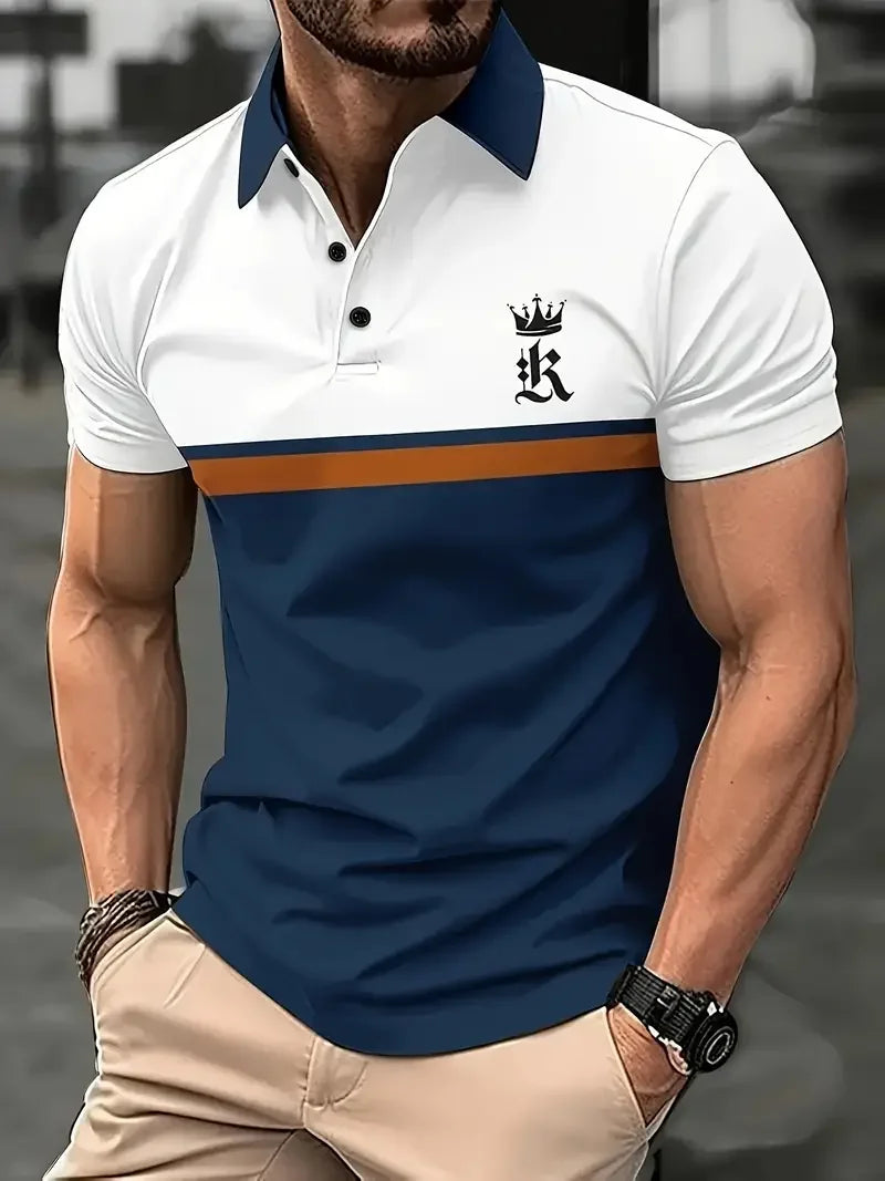 Classic Men's Polo Shirt With Striped Graphic Print Outdoor Casual Short Sleeve Button Top Male Oversized Clothing Golf Polo