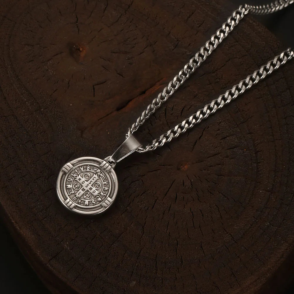 1PC Vintage Fadeless Stainless Steel Virgin Mary Necklace for Men Women Saint Benedict Medal Necklace Men Spiritual Jewelry