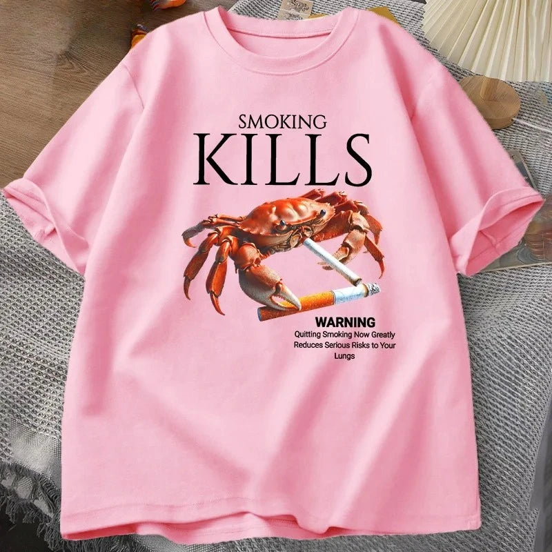 Smoking Kills Crab T-shirt Out of Control Suspected Grotesque Style T-shirt Strange Pattern T-sleeve Baseball Shirt