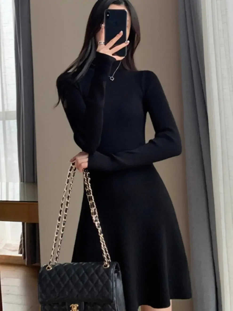 Women's Knitted A- Line Mini Dress Hepburn Little Black Dress Autumn Winter Inner Wear Slimming Base Layer Skirt For Coat