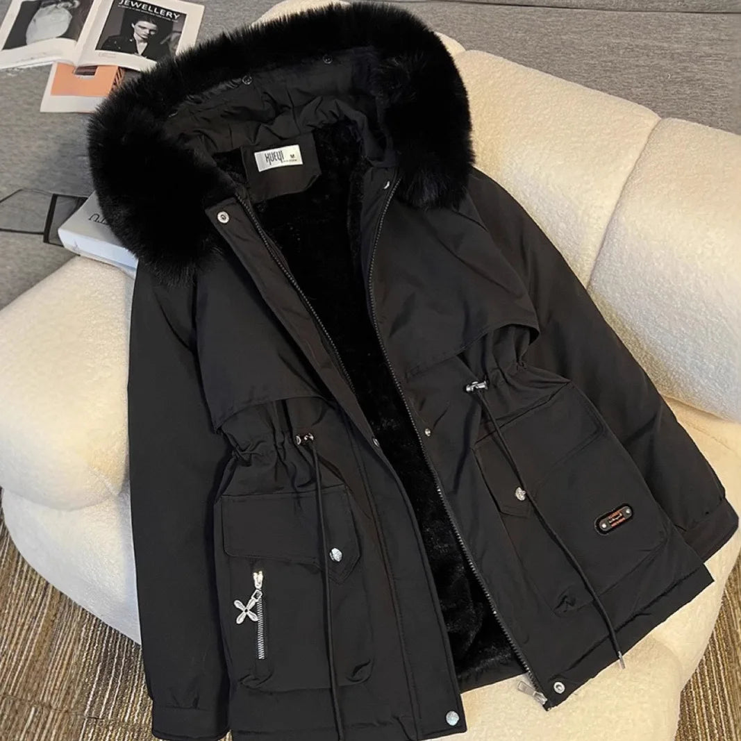 Women Big Fur collar Loose Parka Jacket Lady Medium Long Styles Down Cotton Outwear Winter Female Hooded Cotton Padded Coat