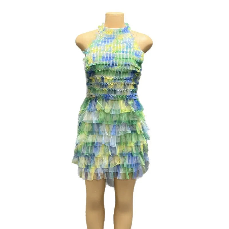 HLJ Sexy Mesh Ruched Patchwork Bodycon Dresses Women Cake Gradient Halter Backless Dress Female Streetwear Vestidos Summer New