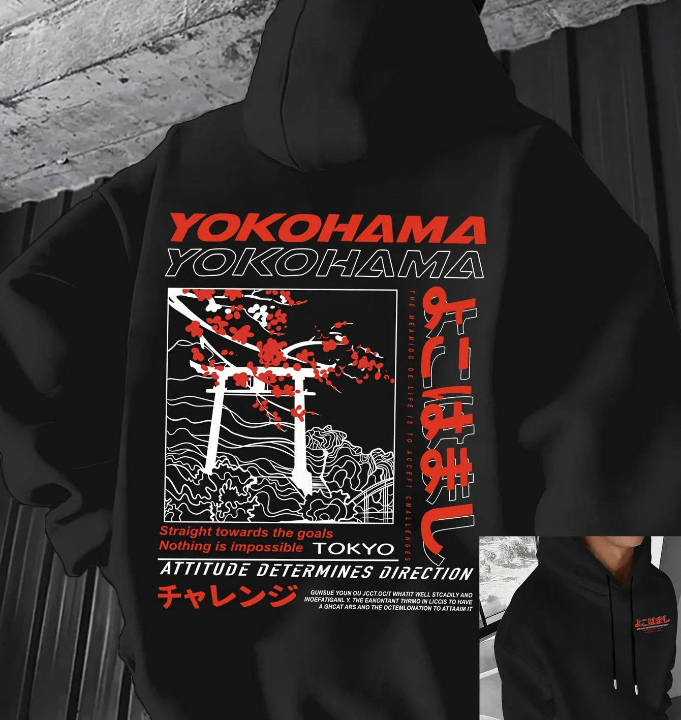 Men's autumn and winter casual fashion loose Tokyo pattern printed long sleeved hooded sweatshirt warm pullover