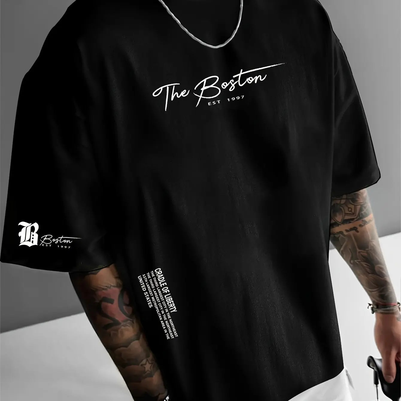 Men's summer 100 cotton fashionable casual sports loose Boston city slogan printed round neck short sleeved T-shirt top