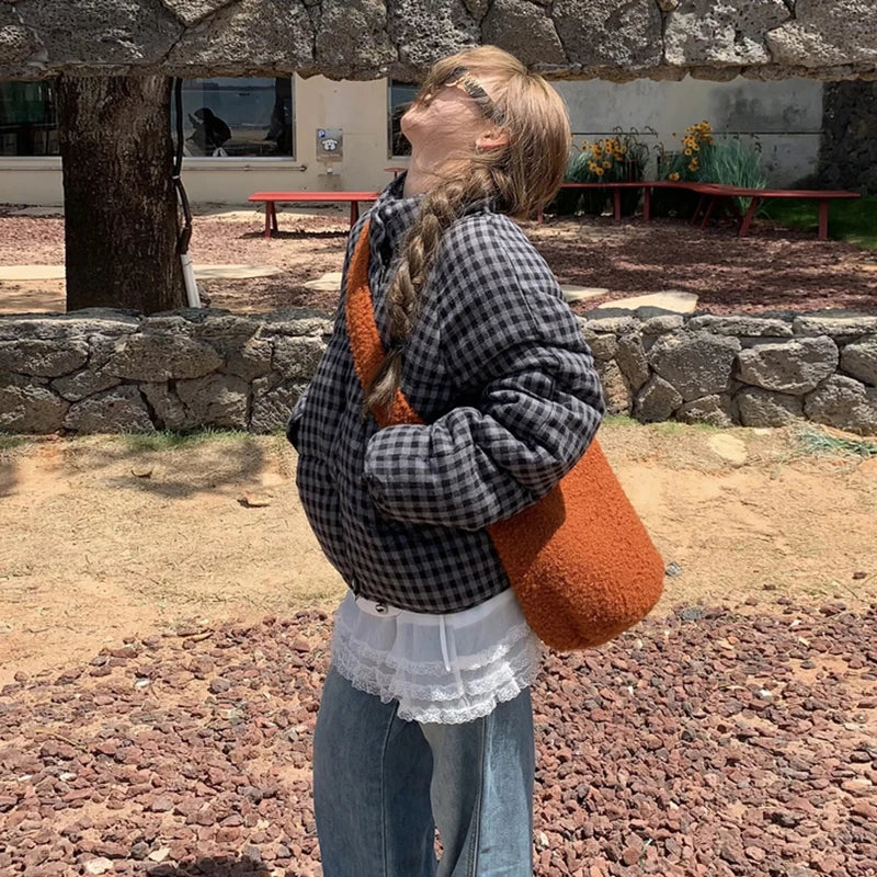 MEXZT Short Plaid Parkas Women Streetwear Stand Collar Puffer Jacket Winter Korean Down Coats Fashion Cotton Padded Outerwears