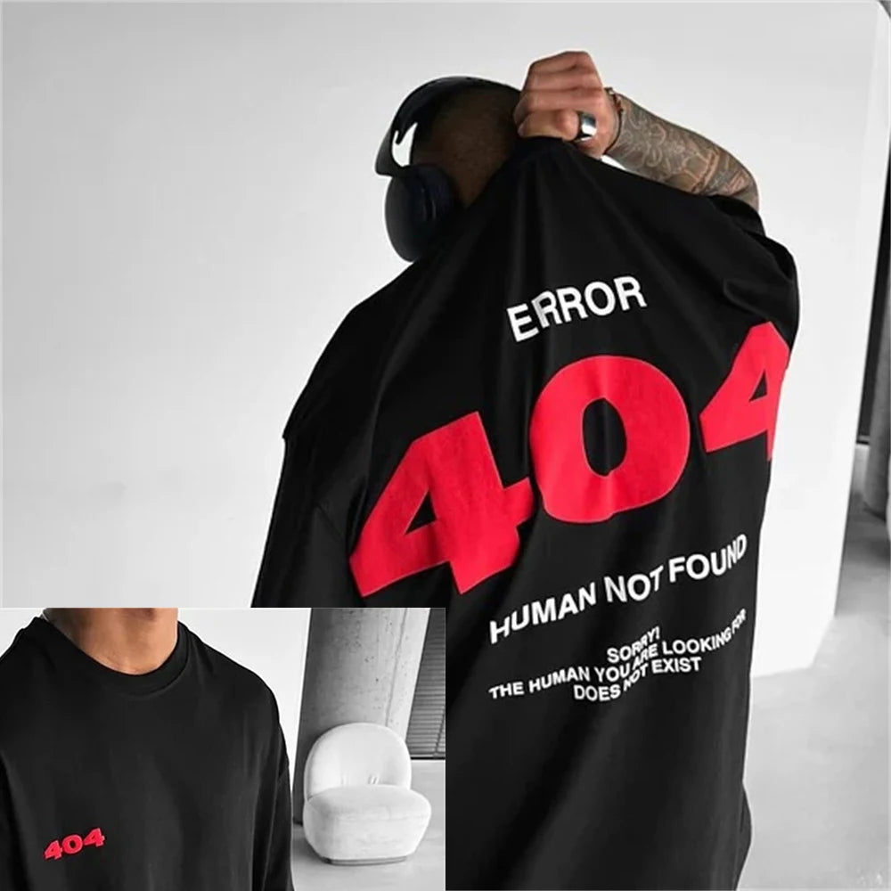 High-quality Digital 404 Print Men Plus-size T-shirt Outdoor Street Fun Sport Casual Trendy Gothic Pure Cotton Short-sleeve Top