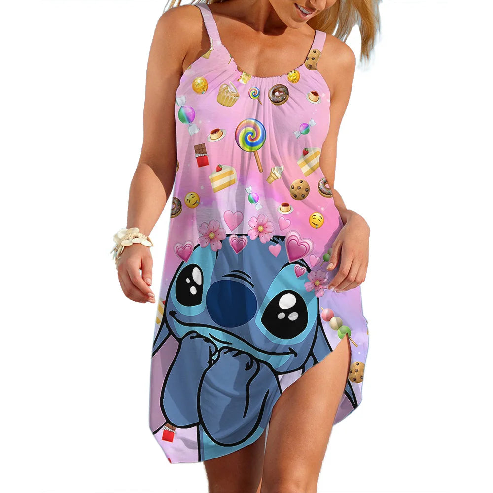 New Summer Girls Disney Stitch Women Fashion Sling Dress Women Sexy Loose Seaside Beach Clothing Cool Sleeveless Dress Quick Dry