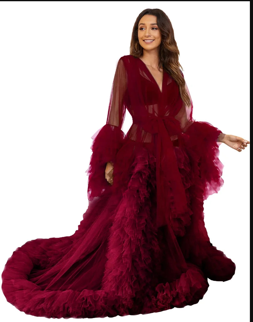 Women's Dressing Gown Perspective Sheer Long Tulle Robe Puffy Pregnancy Maternity Dress for Baby Shower Nightgown Sleepwear