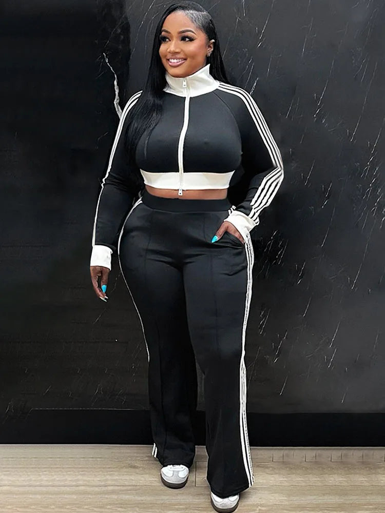 Doyerl Sporty Casual Tracksuit Women Two Piece Sets Striped Long Sleeve Zipper Cropped Jacket Top and Sweatpants Jogging Femme