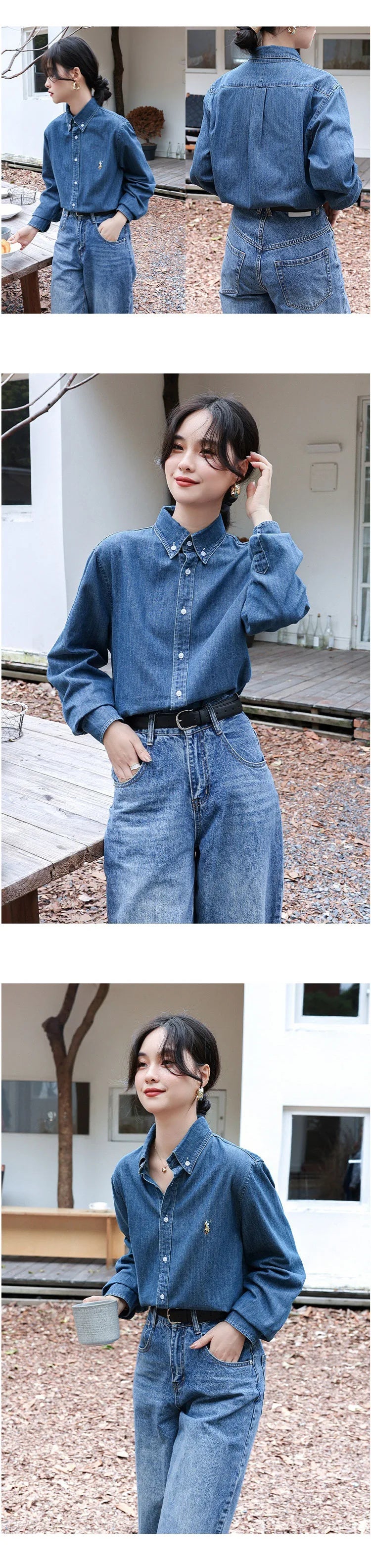 2024 American Style Vintage Denim Shirt Women's Zhengxiu Crystal Same Style Small Horse Embroidery Casual Jacket Shirt