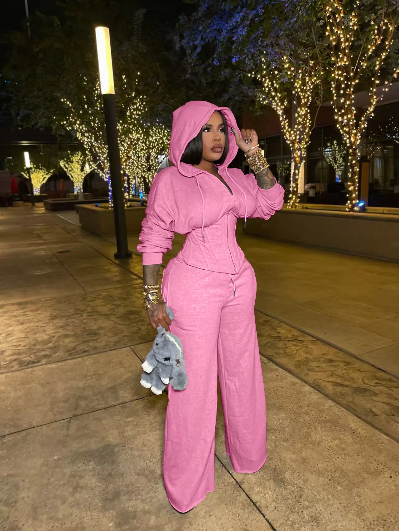 FAGADOER Casual 2 Pieces Set for Woman Outfits Solid Color Bandage Patchwork Hooded Crop Top and Pants Suit Female Streetwear