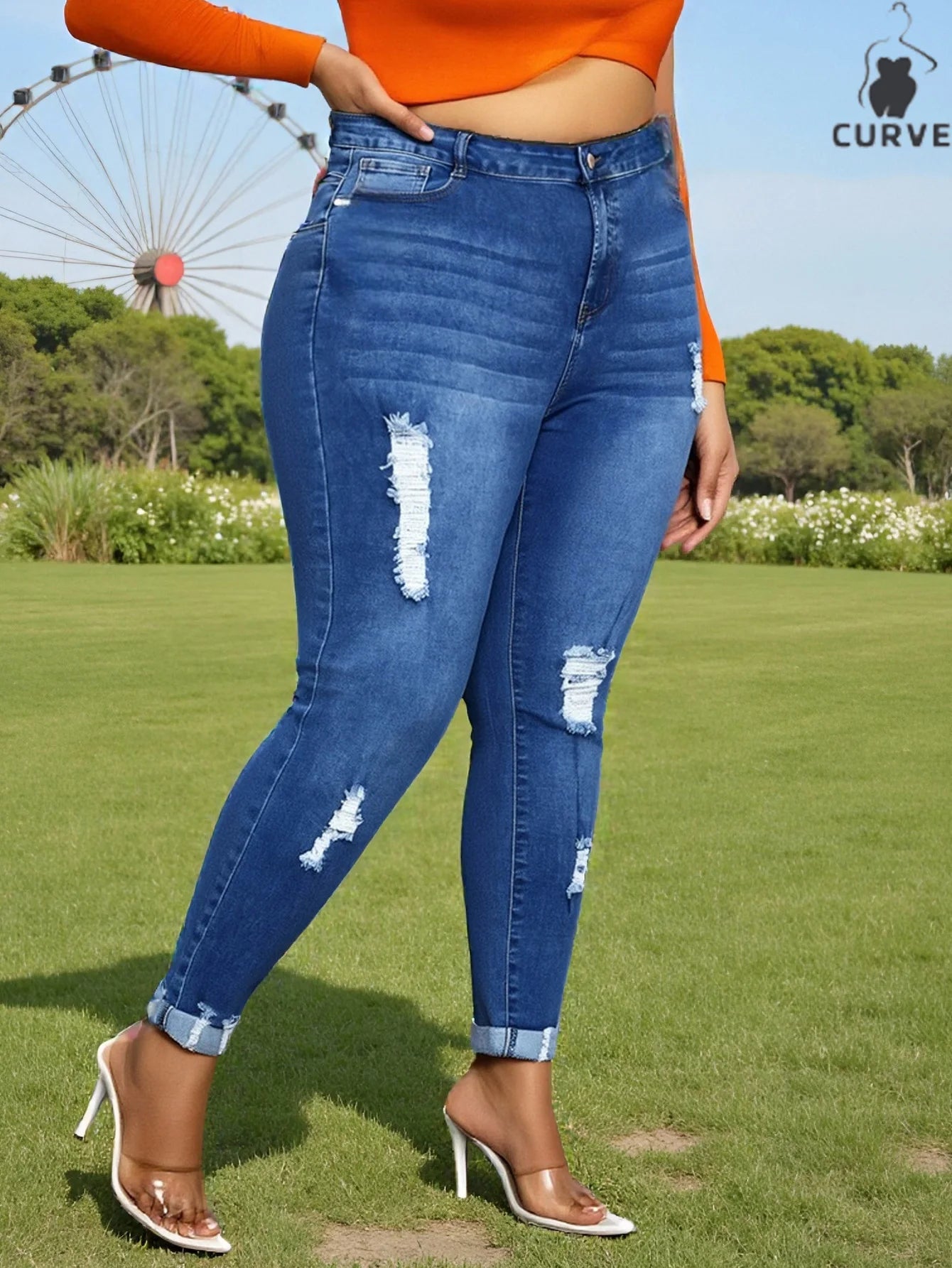 Plus-Size Women's Classic Washed Blue Denim Pants – Comfortable Stretch Fabric, Snug Fit