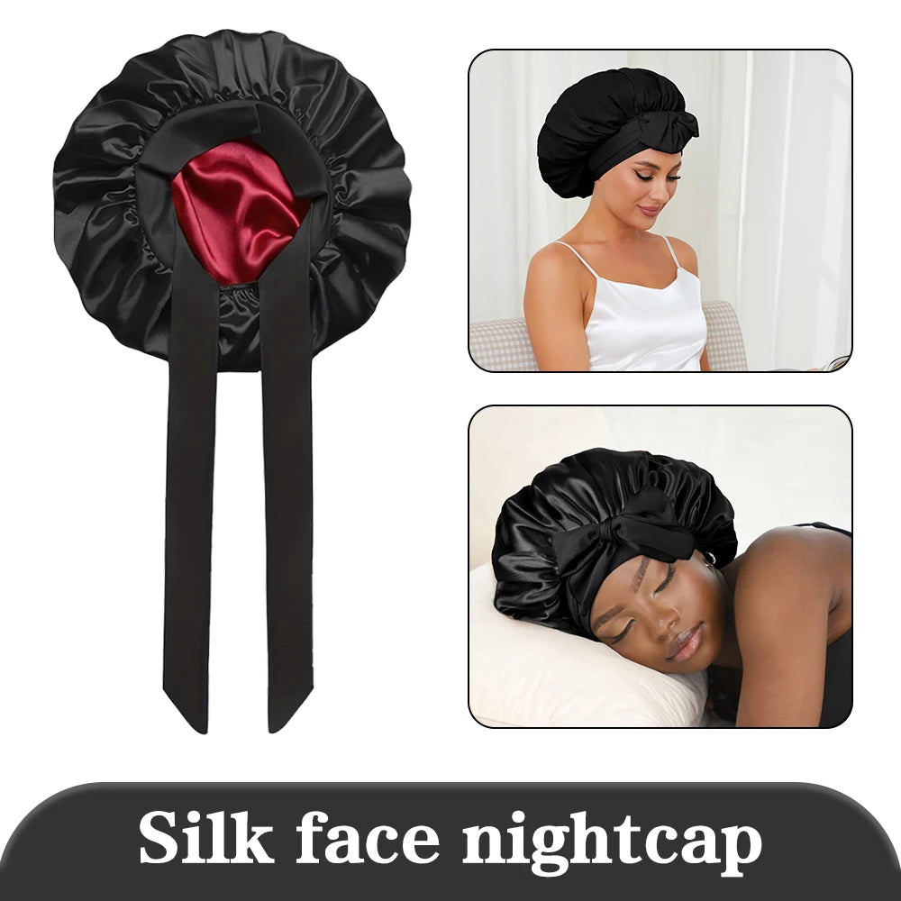 Silk Satin Hair Cap For Sleeping Bonnets For Women Round Haircare Women Headwear Night Hat Reversible Head Cover