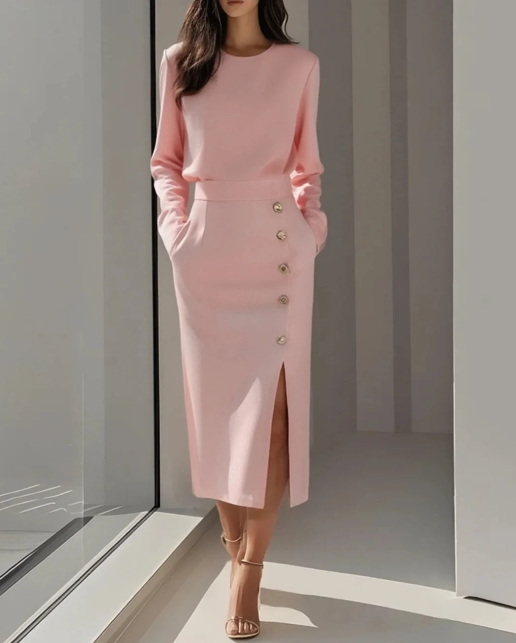 Women's Solid Color Long Sleeves Elegant Midi Dress with Button Details and Side Slit - Crew Neck