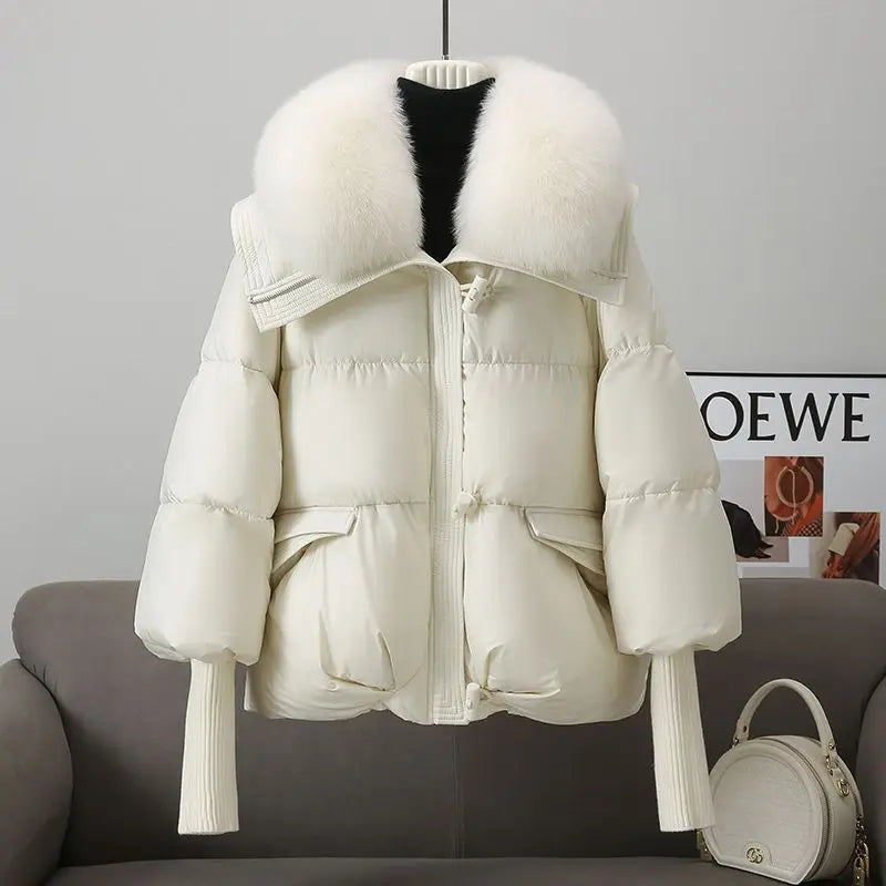 2025 Down Cotton Short Padded Jacket Women Parkas Fur Collar Autumn Winter Thick Coats Female Black Casual Outerwear Clothes