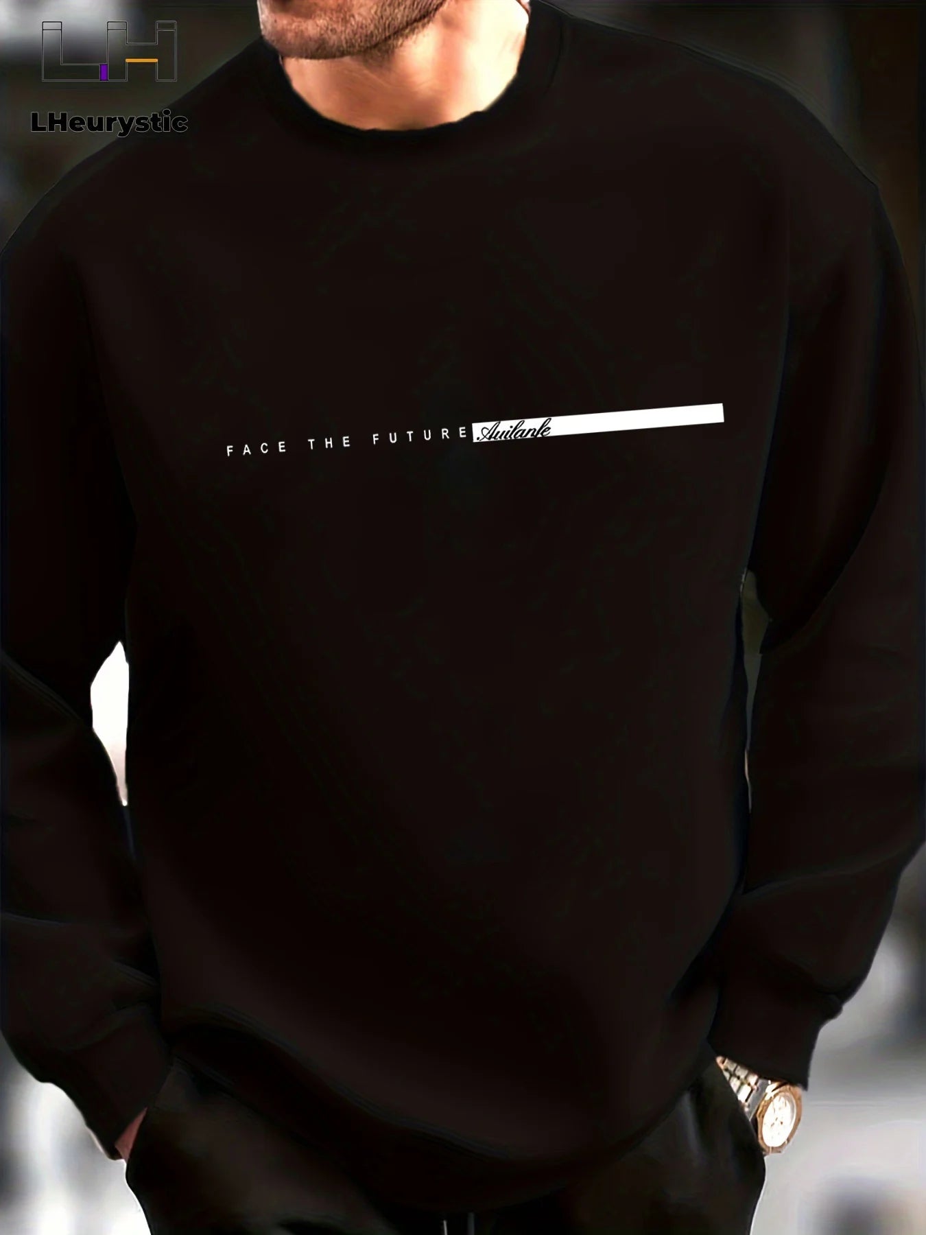 Men's autumn and winter fashionable casual loose FACE THE FUTURE graphic printed long sleeved round neck sweatshirt