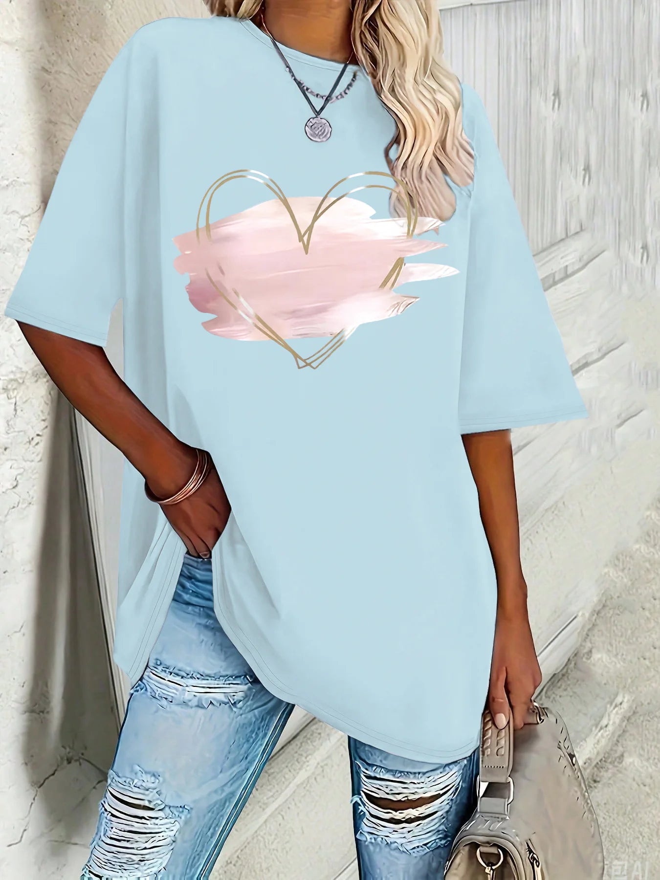 Plus size women's new pink heart-shaped elegant printed T-shirt spring and summer leisure round neck short sleeve top
