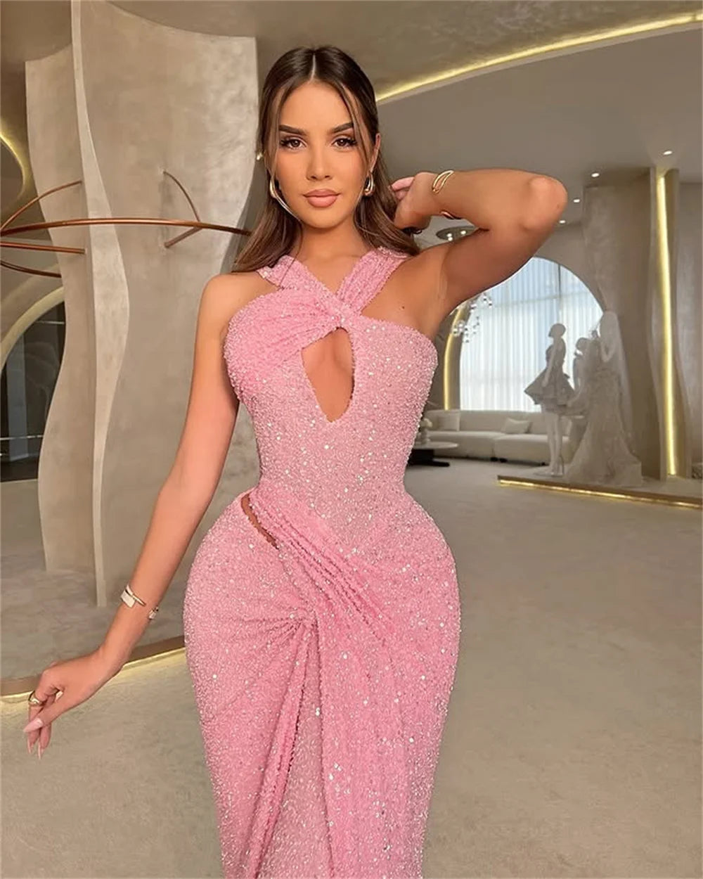 Mila Halter Neck Mermaid Prom Dresses Cut-out Sleeveless Evening Dresses Floor-Length Shiny Sequins Customized Party Dresses