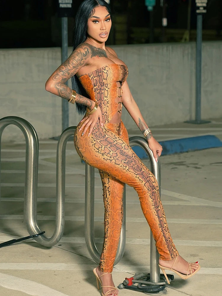 Nibber Hollow Snake Print Jumpsuits Women Y2K Strapless Metal Cirque Midnight Workout Activity Hipster Sexy Stretch Overalls
