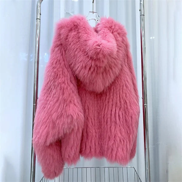 Fox Fur Coat Women's Winter Fashion Warm 100% Fox Fur Coat Hooded Long Sleeved Sweet Women's Luxury Designer Coat