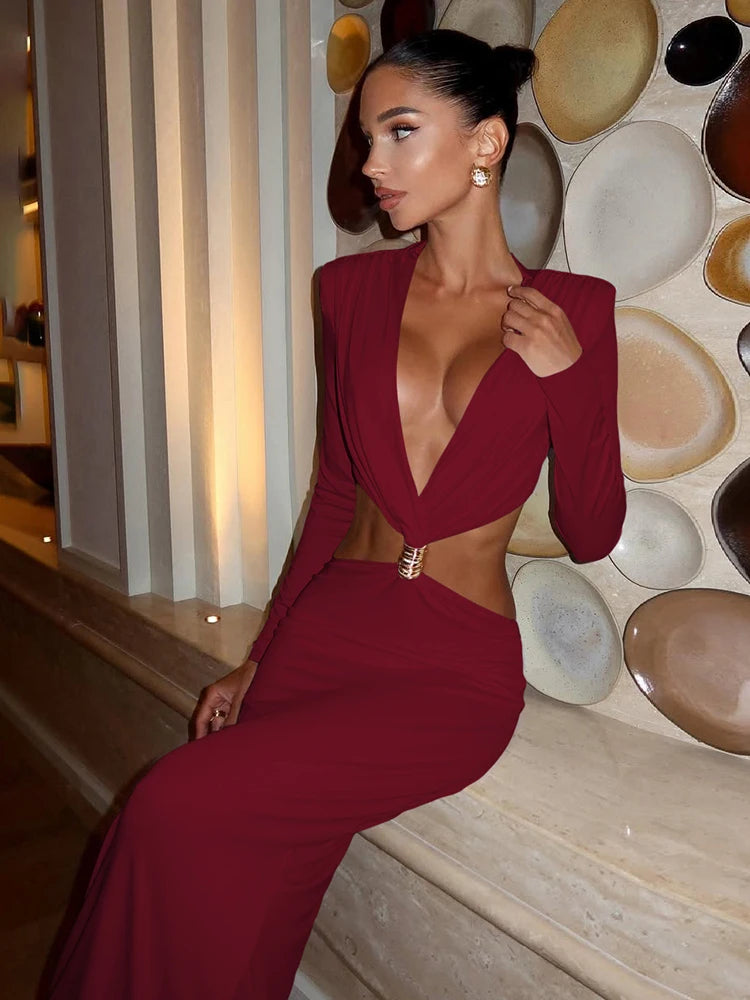 Sisterlinda Sexy Waistless Long Dress Women Ruched Deep V-Neck Full Sleeve Metal Buckle Patchwork Prom Party Elegant Clothing