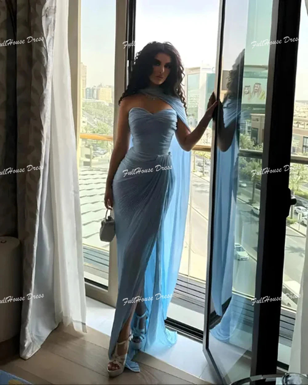 Customized Sweetheart Collar Pleated Evening Dress Backless Sexy Mermaid Backless Floor Length Side Slit Prom Dress with Court