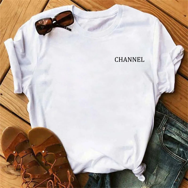 100% pure cotton summer loose-fitting CHANNEL letter print casual fitted round-neck short-sleeve t-shirt top