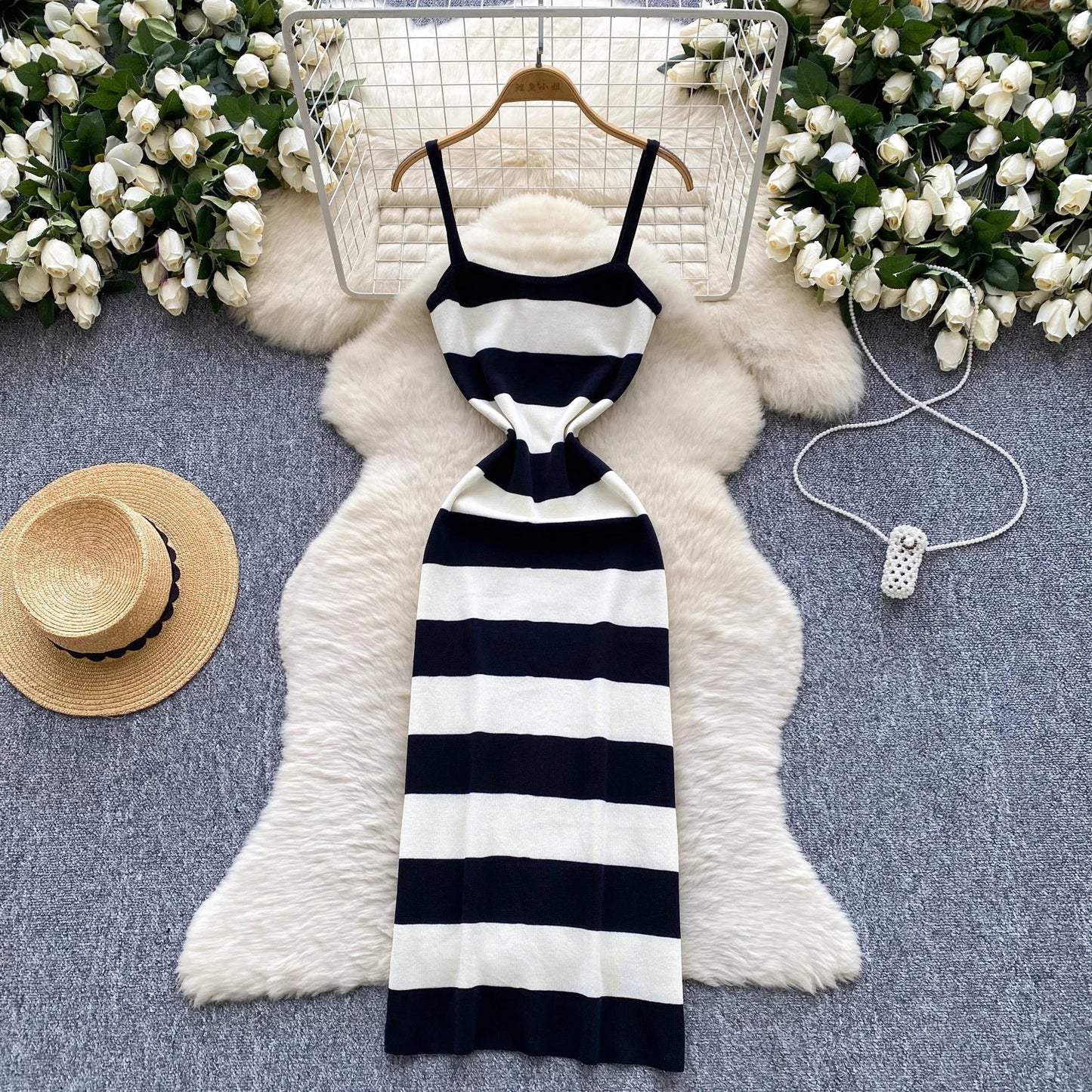 2025 & 2026 Lady New Stripes Ins Fashion Sexy Package Hips Bodycon Dress Summer Knitted Spaghetti Straps Outfits Maxi Long Women Dress