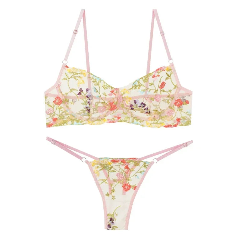 Floral Embroidery Lace Bras Set Women Sheer 2-Piece Sexy Bra + Panties Lingerie Fashion Underwear Set Intimates