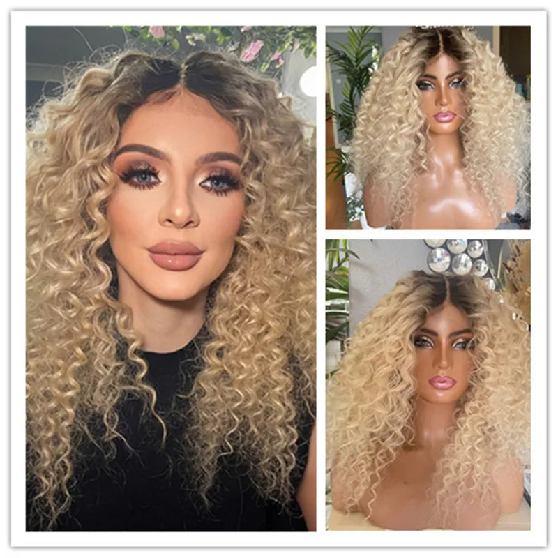 Deep Curly Honey Blonde Wig Short Dark Roots Synthetic Lace Front Wig For Women Daily Use Baby Hair Glueless Wig