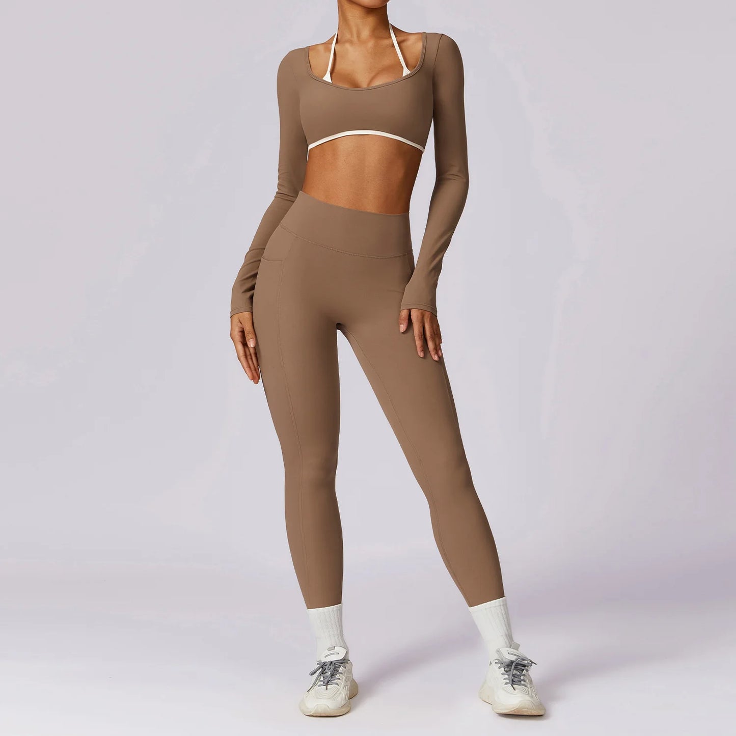 Sexy Yoga Women's 2 Pieces Gym Sports Suit Workout Clothing Long Sleeve Gym Crop Top High Waist Leggings Fitness Bra Sportswear