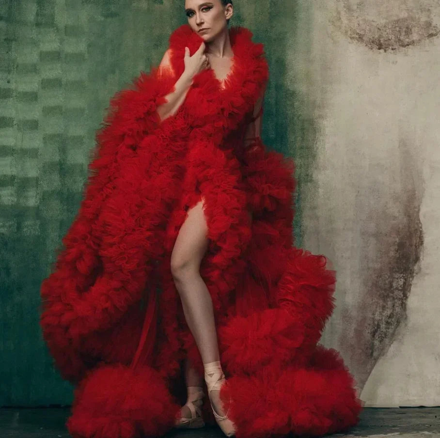 Tulle Ruffle Boudoir Pregnancy Photoshoot Robe Ruffle Maternity cloak For Baby Shower Gender Reveal bridal Dress wedding