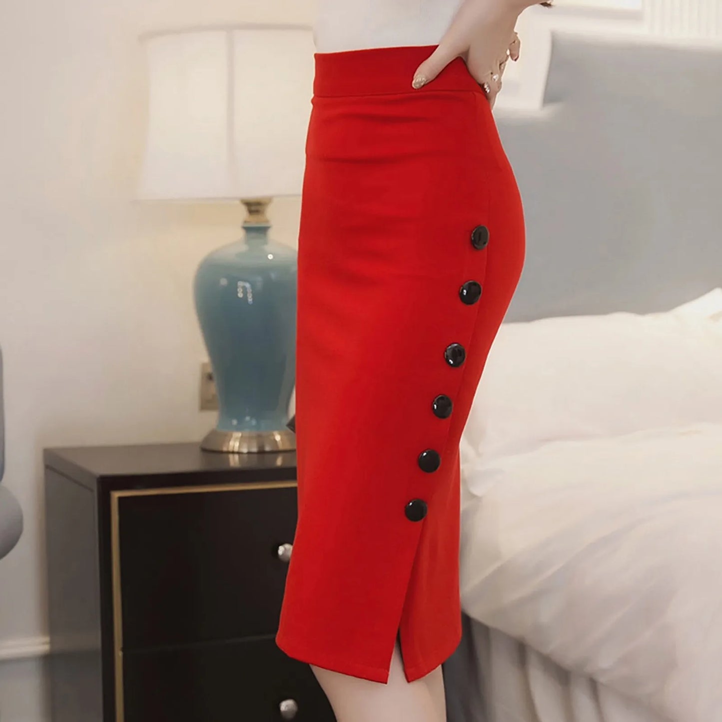 Elegant Women Vintage Office Lady Slim Skirts High Waist Buttons Slit Pencil Skirts Women Summer Sexy S-3XL Stretch Midi Skirts