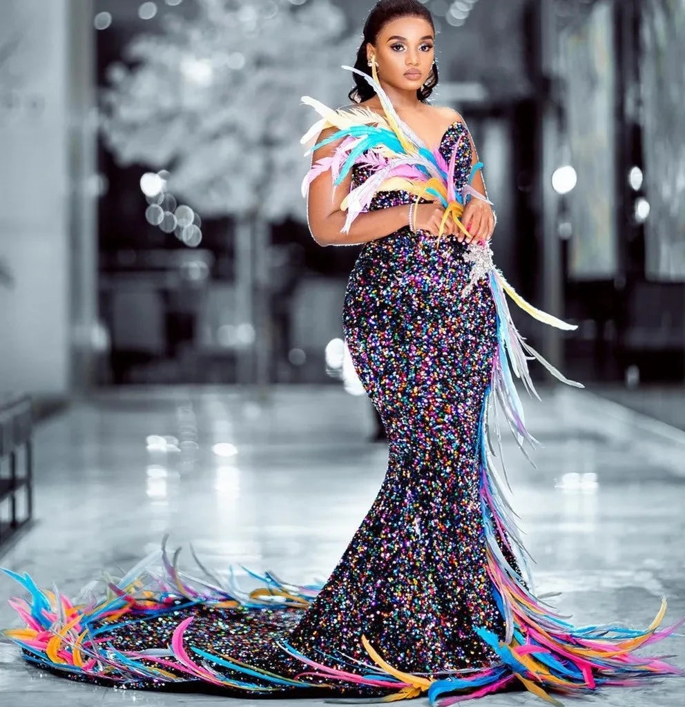 Sparkle African American Prom Dresses Mermaid Sequins Feather Black Girls Nigeria Saudi Arabia Evening Dresses Gown Customized