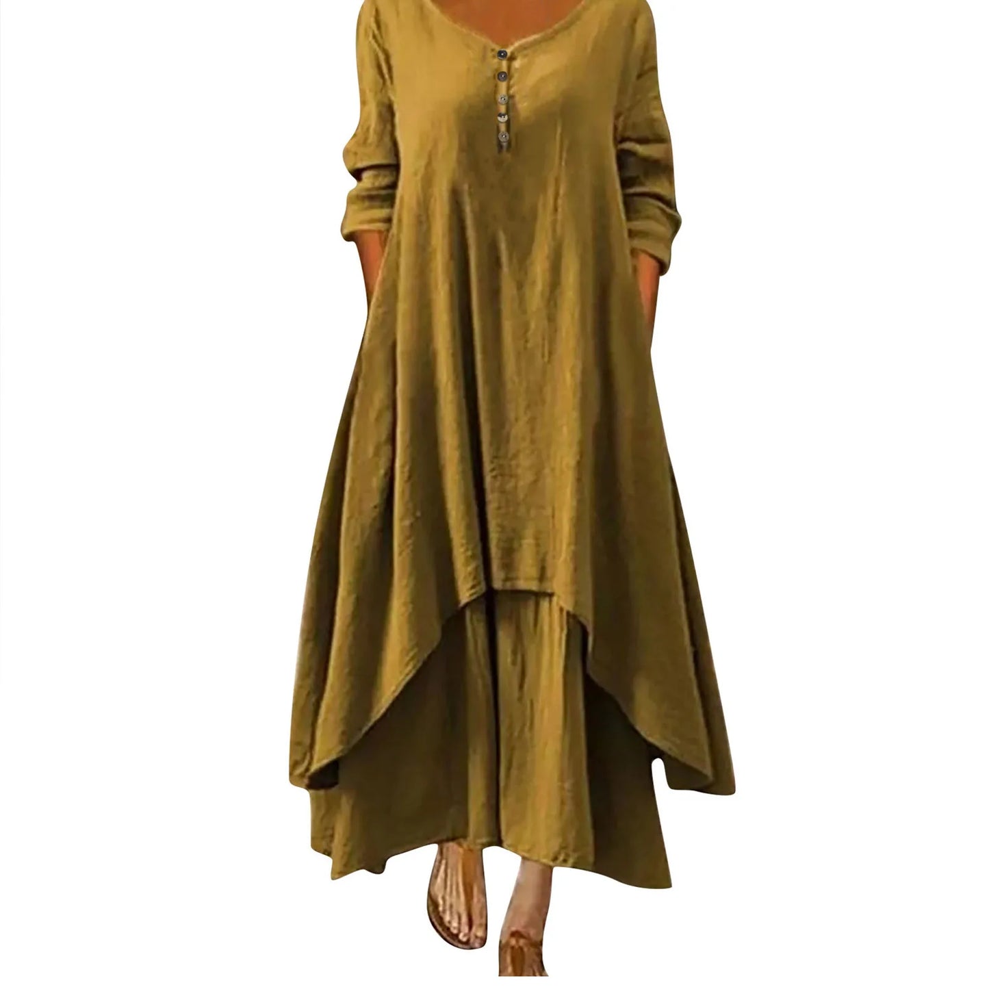 Women Elegant Linen Ginger Dresses Bohemia Layering Vintage Robe Long Sleeve Loose Long Dress Female Autumn Vestidos