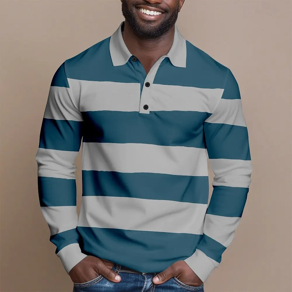 2025 Fashion Men's Stripes Long Sleeve Polo Shirt Breathable Business Casual Top Slim Fit Quick Dry Classic Collar Multi Colors