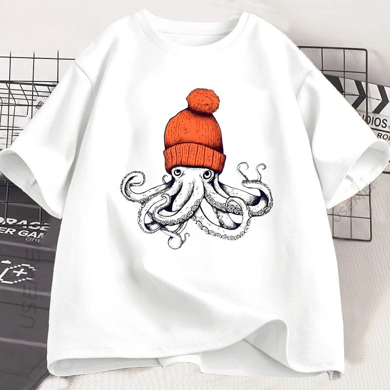 Octopus Orange Baseball Cap Cotton T-shirt - Japanese Style Pattern T-shirt - Casual Cotton Short-sleeved Round-neck T-shirt