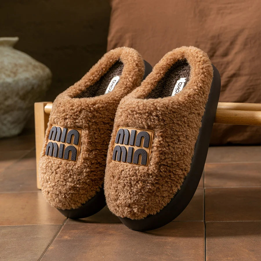 New plush cotton slippers for women, autumn and winter indoor thick sole with plush anti slip slippers, thickened cotton slipper